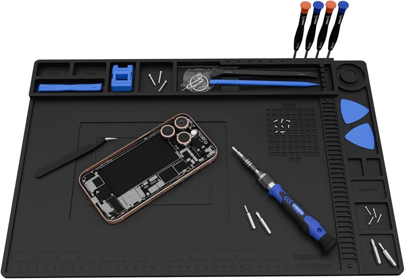 STREBITO Solder Mat Electronics Mat Silicone Repair Mat, Heat Resistant 932°F, Magnetic Project Mat Solder Pad for Soldering, Computer, Laptop, Cell Phone, RC, Gun, Size 17.7" x 11.8" (Black) - Image 1